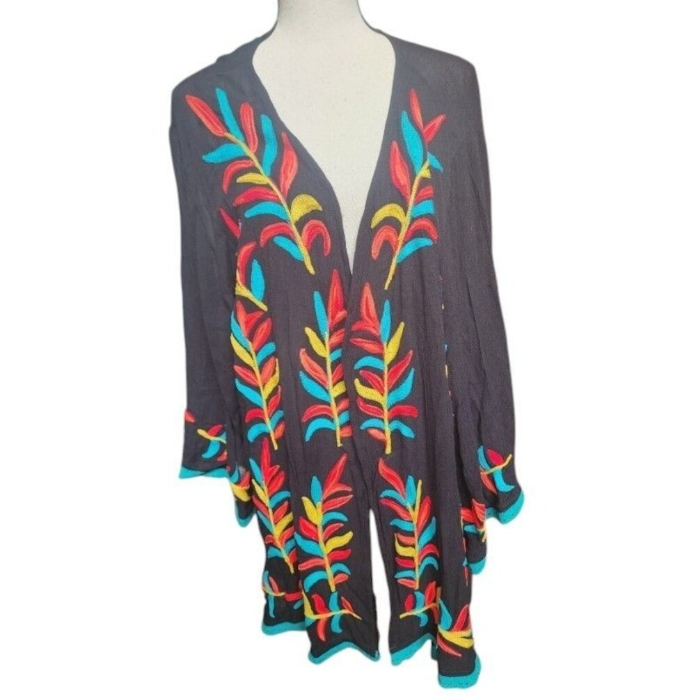 Shoreline Leaf Embroidery Eyelet-Trim Open Cardigan Black Size 3XL